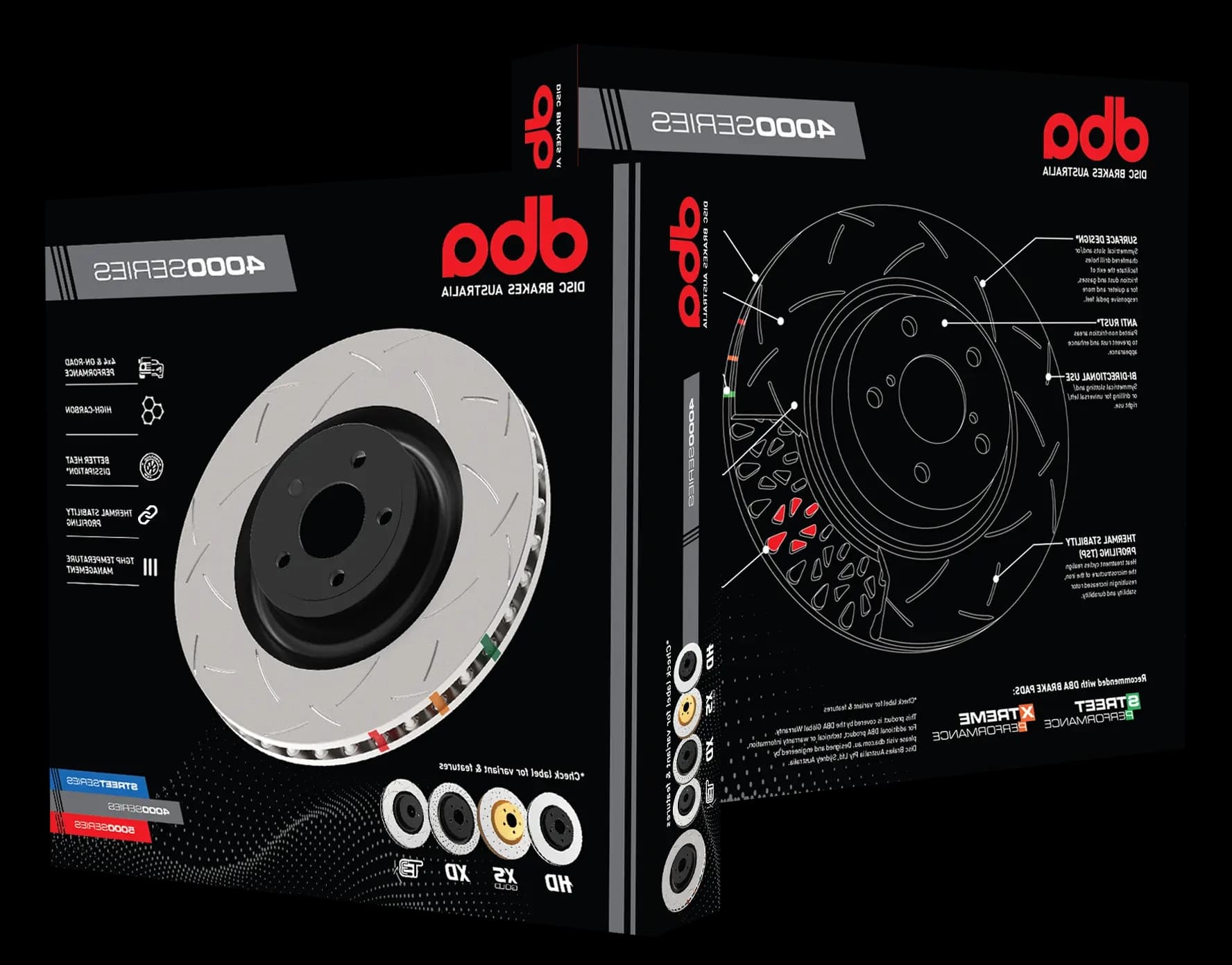 Discos freno ranurados DBA 4000 Series con empaque producto mostrando características estabilidad térmica y especificaciones performance 4x4