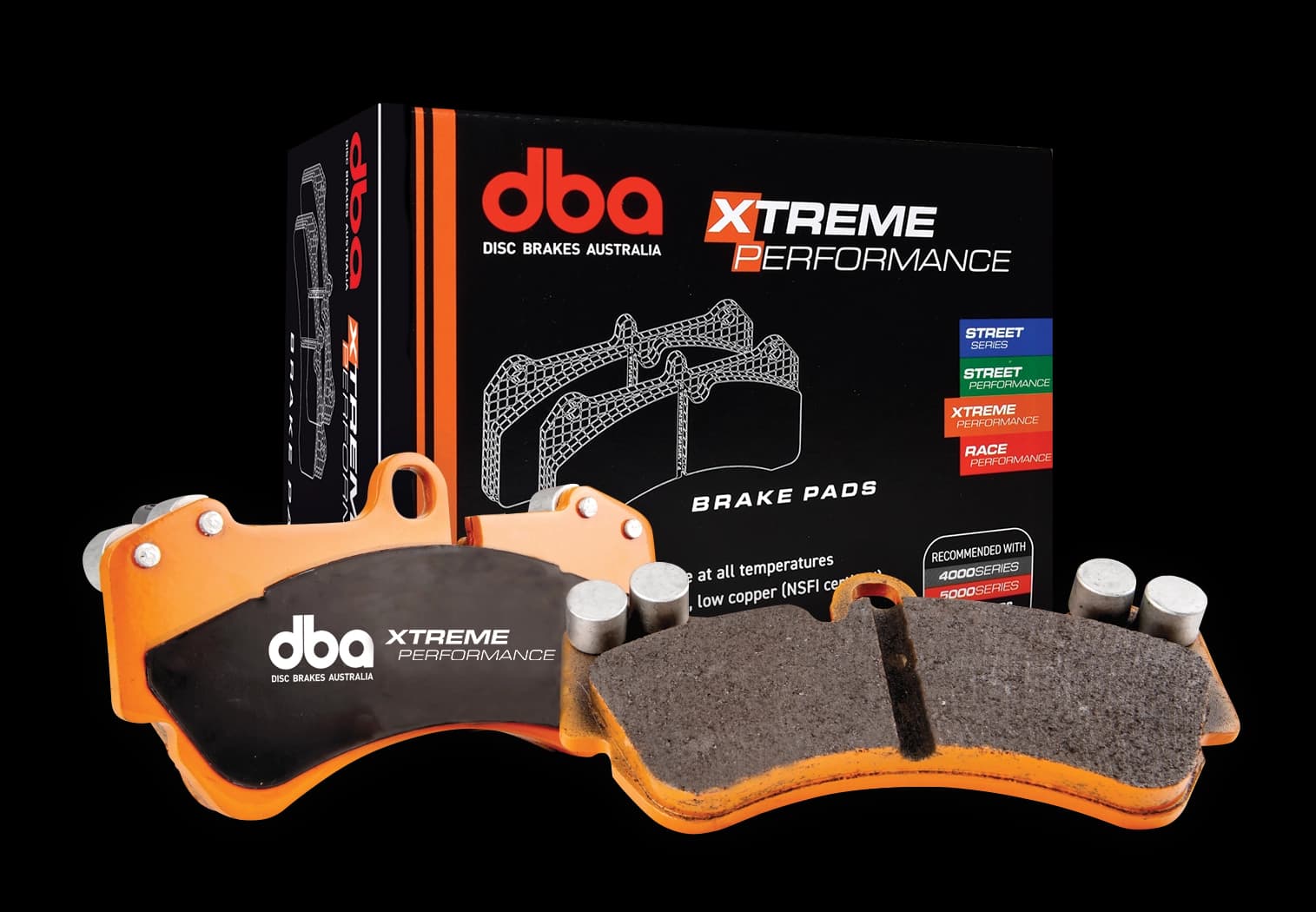 Pastillas freno DBA Xtreme Performance en compuesto naranja alta temperatura con empaque destacando capacidades performance extremo para vehículos 4x4