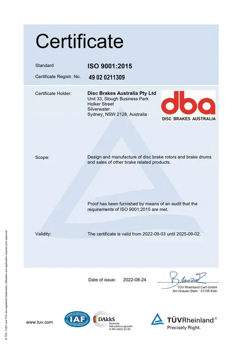 Certificado de gestión de calidad ISO 9001:2015 de DBA emitido por TÜV Rheinland mostrando detalles para Disc Brakes Australia Pty Ltd válido hasta 2025