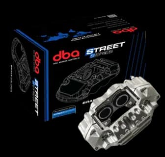 Caja producto caliper de freno DBA Street Series con componente caliper aluminio mostrando empaque profesional
