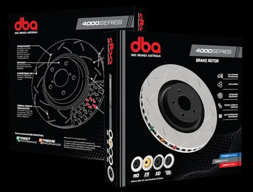 Empaque DBA 4000 Series mostrando caja con diagrama detallado a la izquierda y disco de alto carbono a la derecha