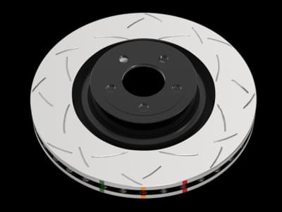 Disco de freno DBA 4000 Series T3 con patrón de ranuras tri-simétricas distintivas en superficie plateada con cubo central negro e indicadores de ventilación coloridos