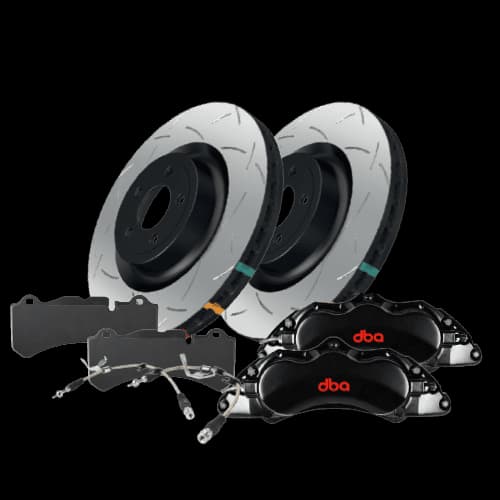 Kit upgrade frenos DBA mostrando rotores frenos ranurados, pastillas freno y calipers 6 pistones con branding DBA