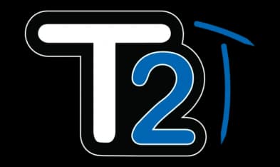 Logo de tecnología T2 de DBA con T2 estilizado en negro y azul representando el sistema de diseño de disco ranurado