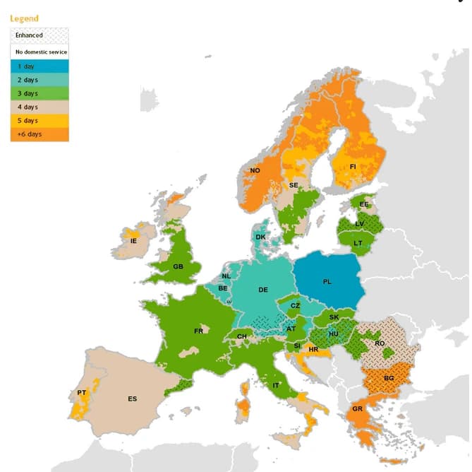 Mapa de servicio UPS europeo con leyenda detallada mostrando zonas de entrega de 1-6+ días, áreas de servicio mejorado y regiones sin servicio doméstico con códigos de país